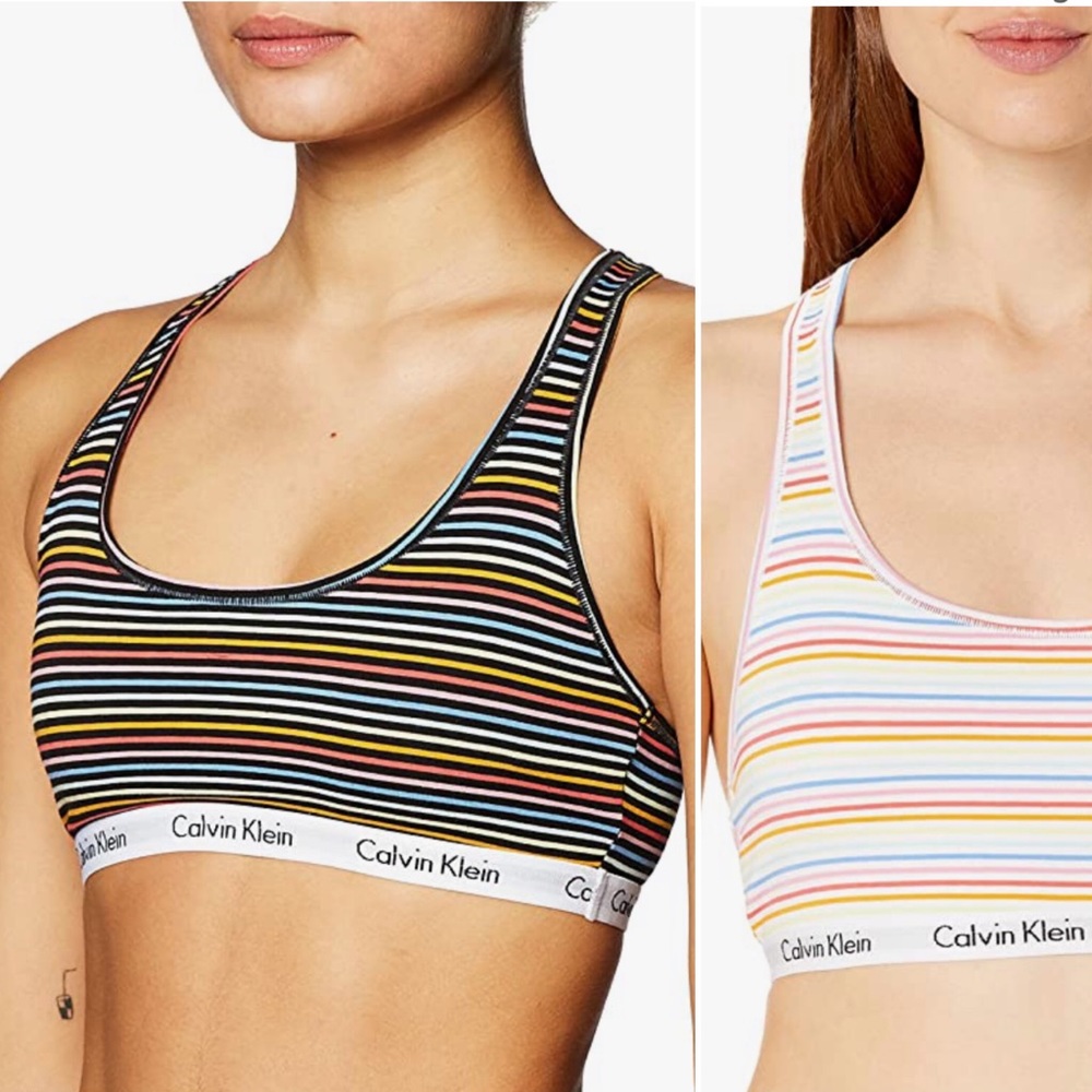 ⚡️SALE⚡️ 🌈 2 CALVIN KLEIN Rainbow Carousel Logo Bralette bra S black white